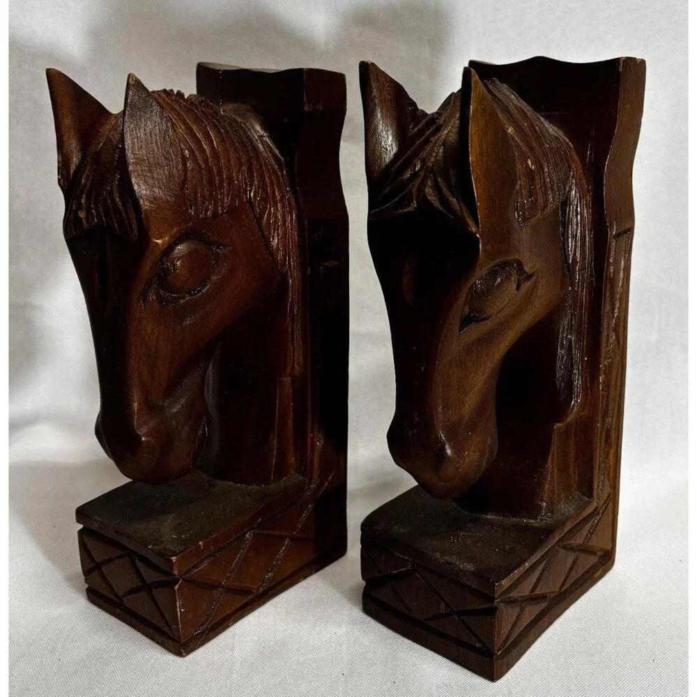 Vintage 1970 Made in Philipines  Wood Brown Carved Horse Head Bookends Book Ends